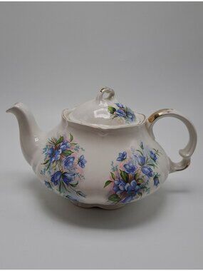 Ellgreave Alpine White Teapot Floral Design Wood and Sons Gold Trim Collectible